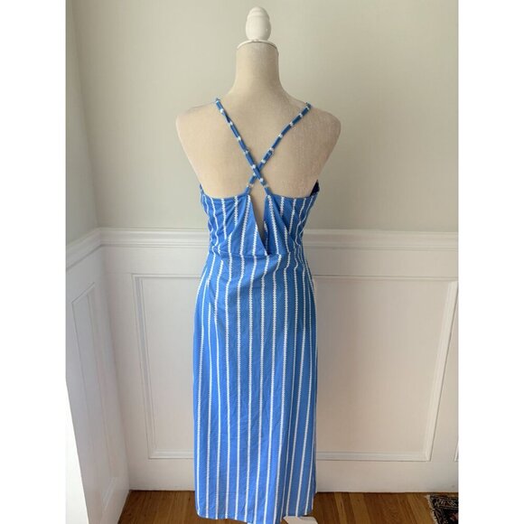 Blue & White Striped Midi Dress With Spaghetti Straps & Crisscross Back - Picture 4 of 5